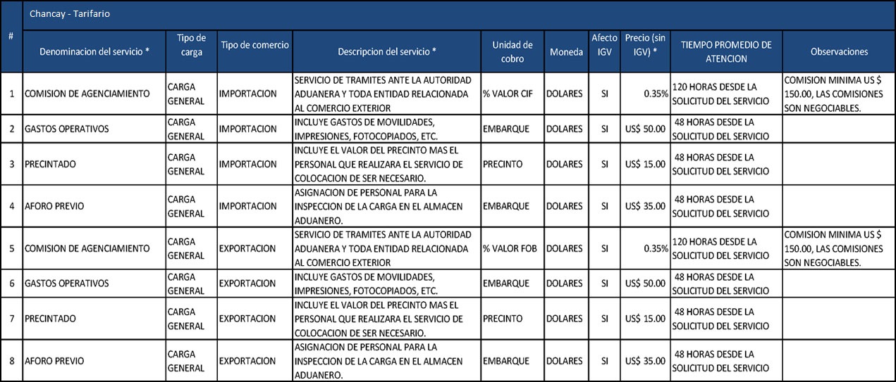 Tarifario Chancay